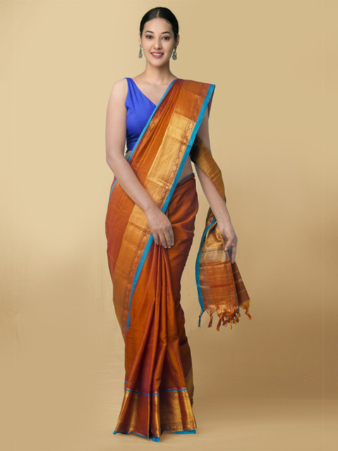 

Unnati Silks Women Orange & Blue Pure Handloom Narayanpet Cotton Sustainable Saree