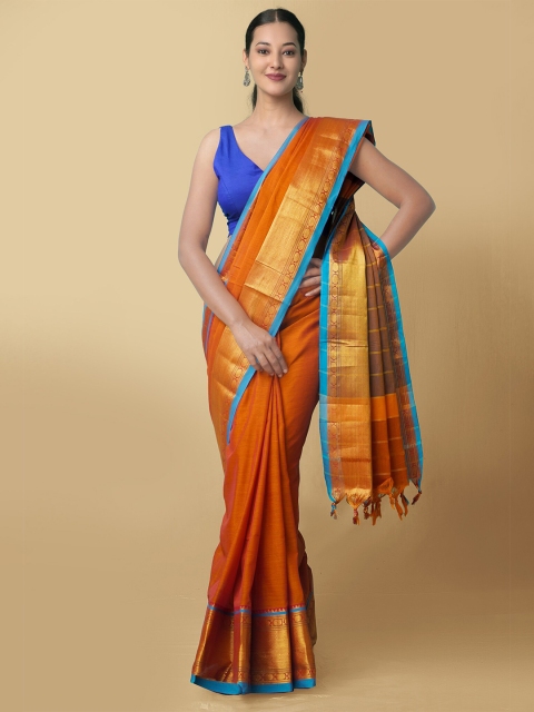 

Unnati Silks Women Orange & Blue Pure Handloom Narayanpet Cotton Sustainable Saree