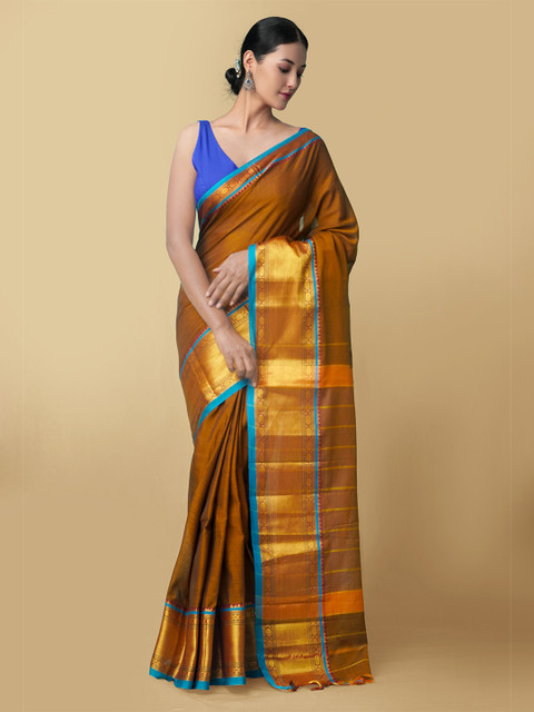 

Unnati Silks Rust Orange & Blue Zari Pure Cotton Narayan Peth Saree