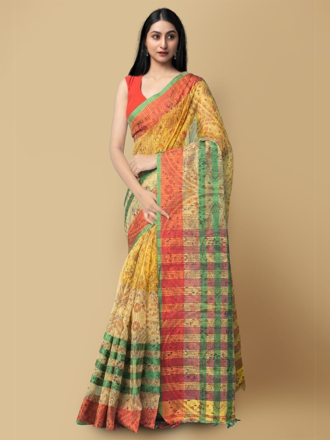 

Unnati Silks Yellow & Green Striped Art Silk Chanderi Saree