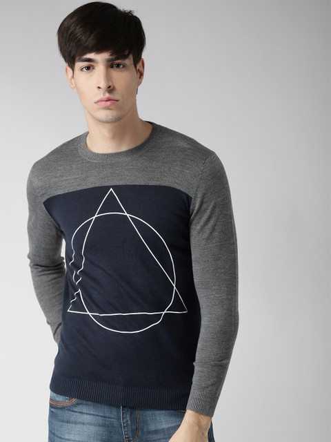 

Metersbonwe Men Navy & Grey Melange Colourblocked Printed Sweater, Navy blue