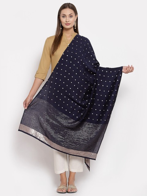 

Myshka Navy Blue & Silver-Toned Woven Design Dupatta