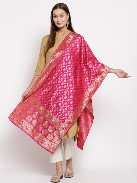 

Myshka Pink & Gold-Toned Woven Design Dupatta