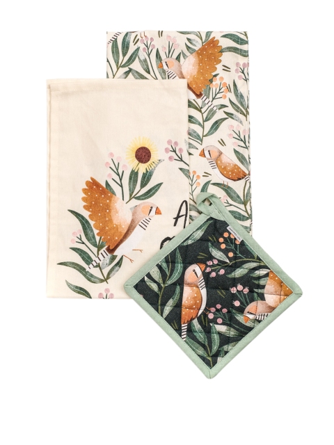 

happywagon Zebra Finch Pot Holder & Tea Towels Set, Multi