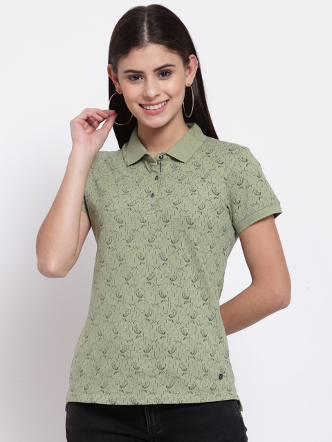 

Juelle Women Green & Black Printed Polo Collar Cotton T-shirt