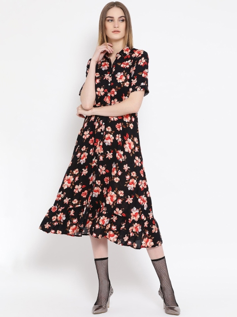 

Latin Quarters Women Black & Pink Floral Shirt Midi Dress