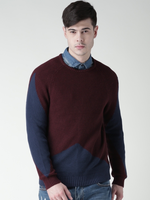 

Metersbonwe Men Burgundy Patterned Colourblocked Sweater