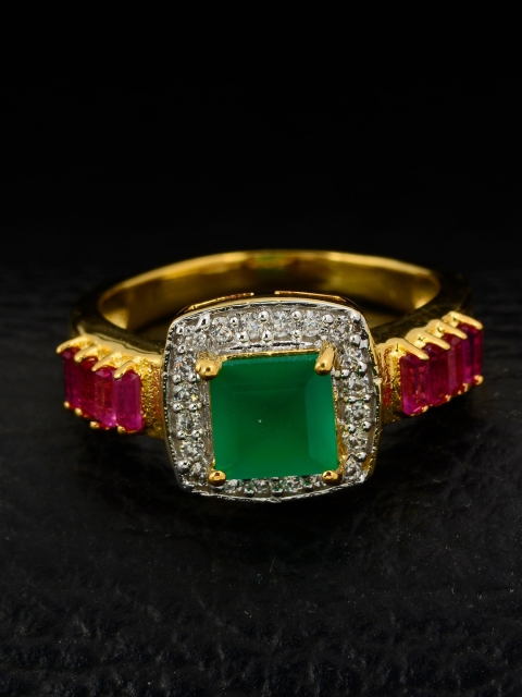 

Silgo Gold-Plated Green & Red Stone-Studded Finger Ring