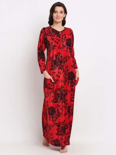 

NEUDIS Red & Black Floral Printed Long Sleeves Maxi Fleece Nightdress