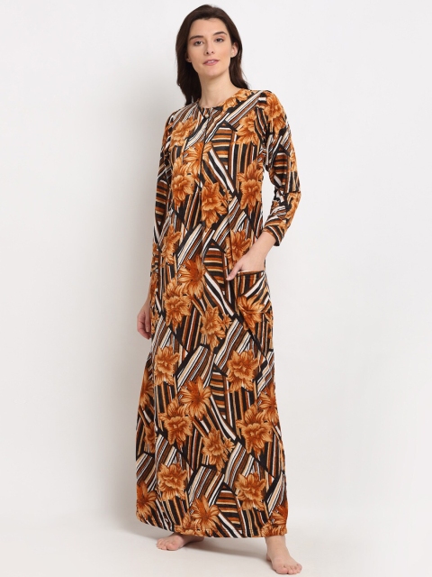 

NEUDIS Women Brown & Black Floral Printed Maxi Fleece Nightdress