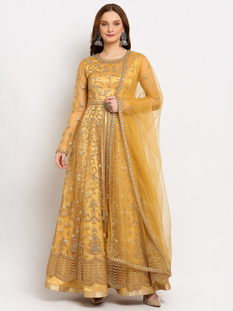 

Stylee LIFESTYLE Yellow & Gold-Toned Embroidered Semi-Stitched Net Dress Material