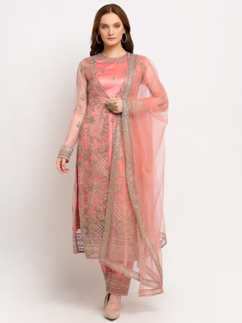 

Stylee LIFESTYLE Peach-Coloured & Gold-Toned Embellished Semi-Stitched Net Dress Material