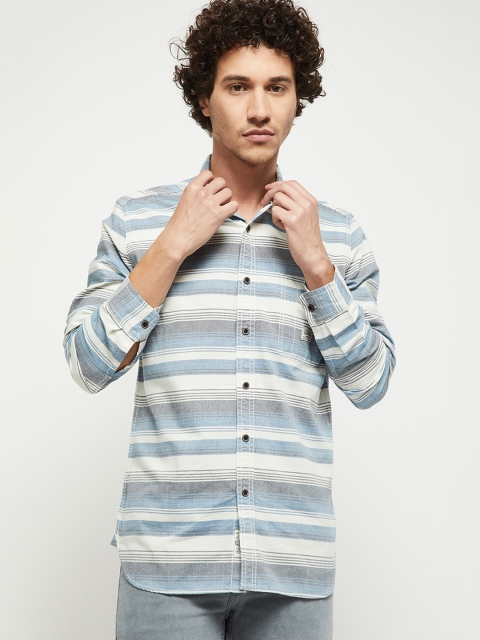 

max Men Blue Horizontal Stripes Opaque Striped Casual Shirt