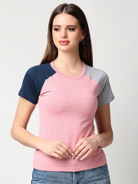 

Bewakoof Women Pink & Navy Blue Colourblocked Slim Fit T-shirt