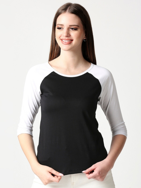 

Bewakoof Women Black White Raglan Sleeves Pure Cotton T-shirt