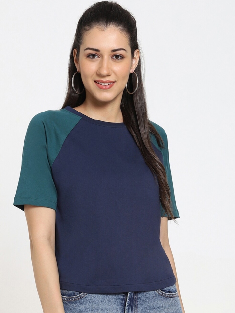 

Bewakoof Women Blue & Green Colourblocked Cotton T-shirt