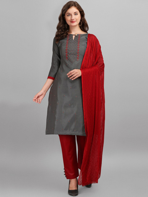 

DIVASTRI Women Grey & Red Silk Embroidered Unstitched Dress Material