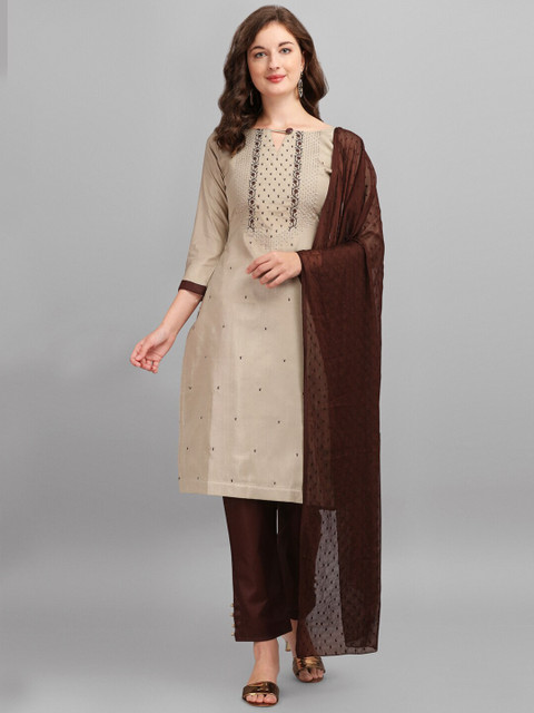 

DIVASTRI Cream & Brown Silk Floral Embroidered Unstitched Dress Material