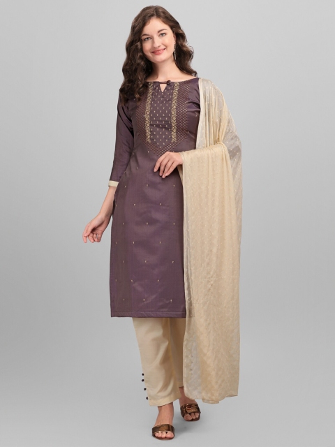 

DIVASTRI Brown & Beige Embroidered Sequinned Silk Unstitched Dress Material
