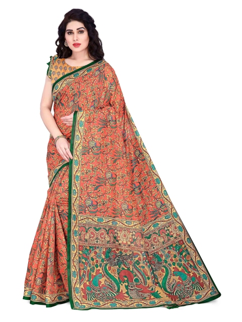 

KALINI Orange & Multicoloured Floral Printed Chanderi Cotton Saree