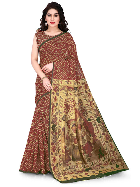 

KALINI Maroon & Beige Ethnic Motifs Printed Chanderi Cotton Saree