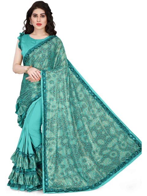 

KALINI Teal Green Floral Mirror Work Lycra Saree