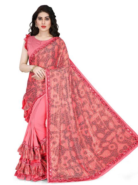 

KALINI Peach-Coloured & Black Floral Printed Mirror Work Designer Saree