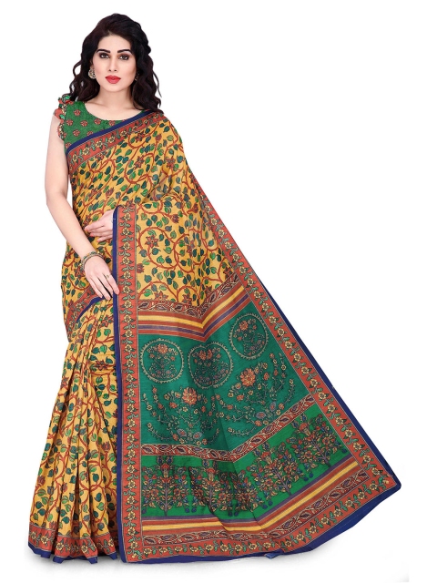 

KALINI Yellow & Green Floral Printed Chanderi Cotton Designer Saree
