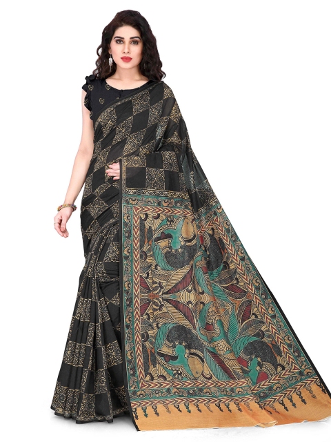 

KALINI Black & Gold-Toned Ethnic Motifs Printed Chanderi Cotton Designer Saree