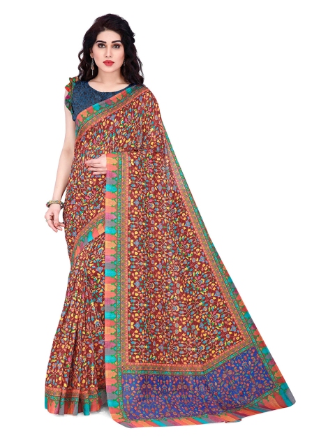 

KALINI Maroon & Multicoloured Floral Printed Chanderi Cotton Saree