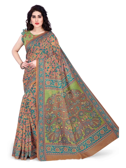 

KALINI Orange & Multicoloured Ethnic Motifs Printed Chanderi Cotton Saree