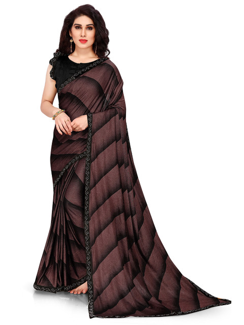 

KALINI Brown & Black Printed Beads & Stones Lycra Saree