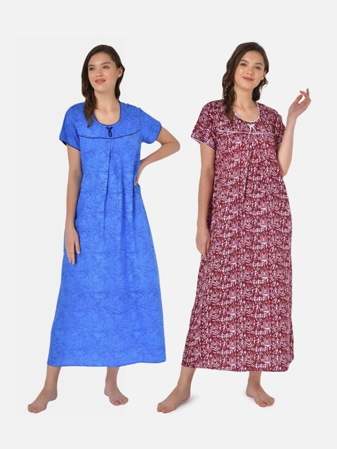 

Klamotten Women Set of 2 Blue & Red Printed Maxi Nightdress