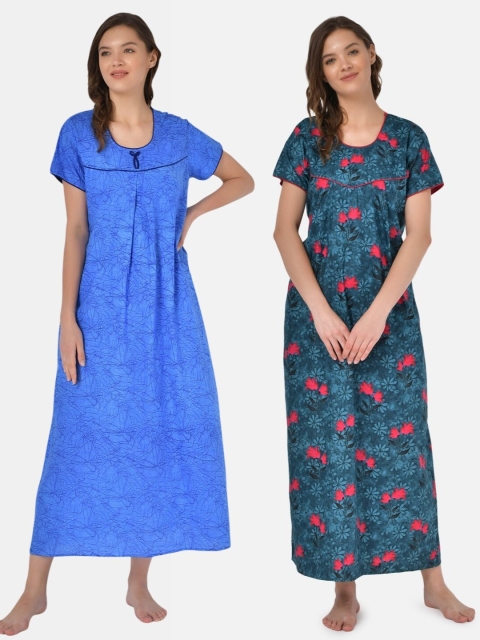 

Klamotten Blue & Teal Set of 2 Printed Maxi Nightdress With Waist Tie-Ups