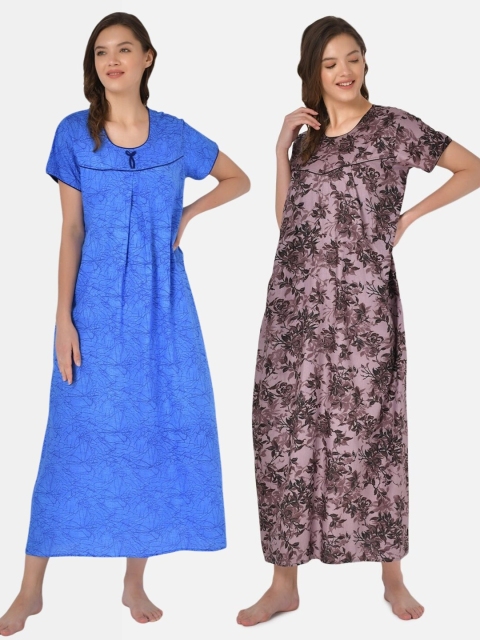 

Klamotten Blue & Purple Set of 2 Printed Maxi Nightdress With Waist Tie-Ups