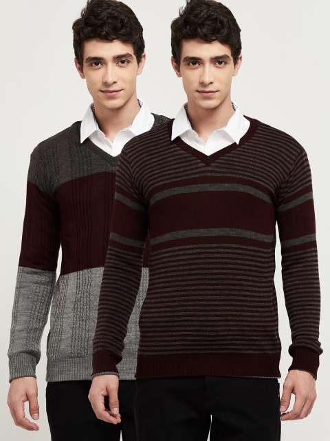 

max Men Pack of 2 Grey & Maroon Striped Pullover