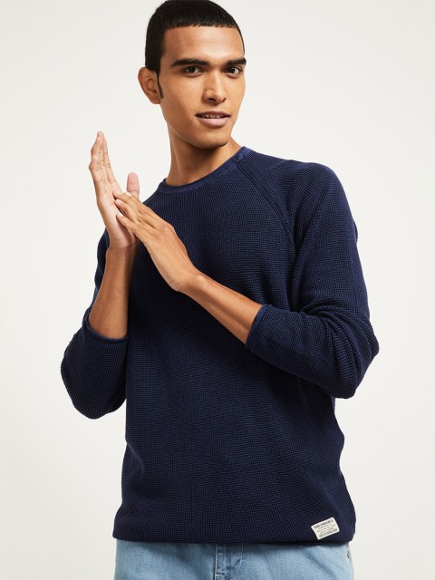 

max Men Navy Blue Pure Cotton Pullover