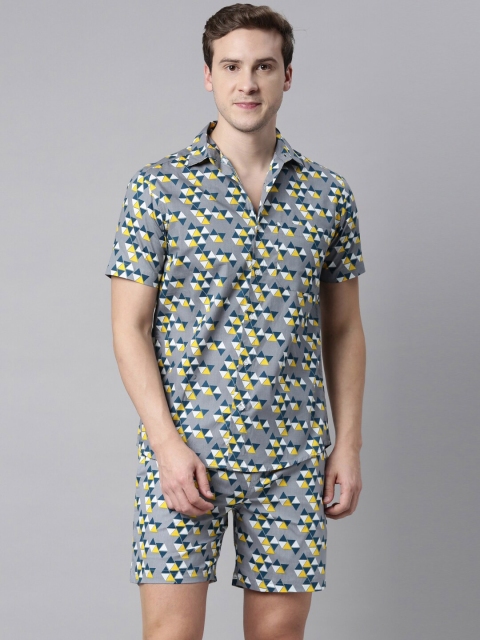 

Joven Men Grey & Green Printed Pure Cotton Shirt with Shorts