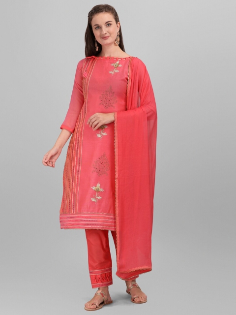 

mf Coral & Gold Embroidered Unstitched Dress Material