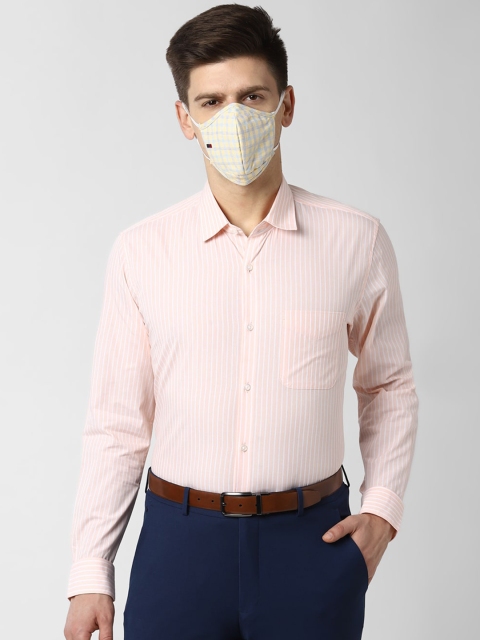

Peter England Men Orange Opaque Striped Formal Shirt With 3 Pcs 2-Ply Cloth Masks