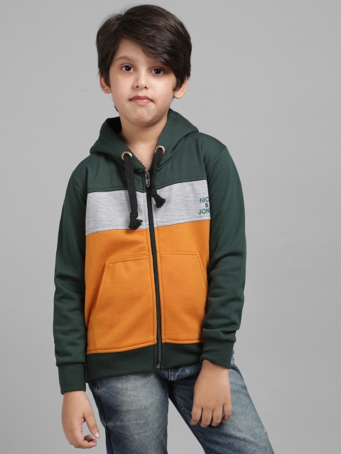 

Nick and Jones Boys Green & Mustard Yellow Colourblocked Hooded Sweatshirt