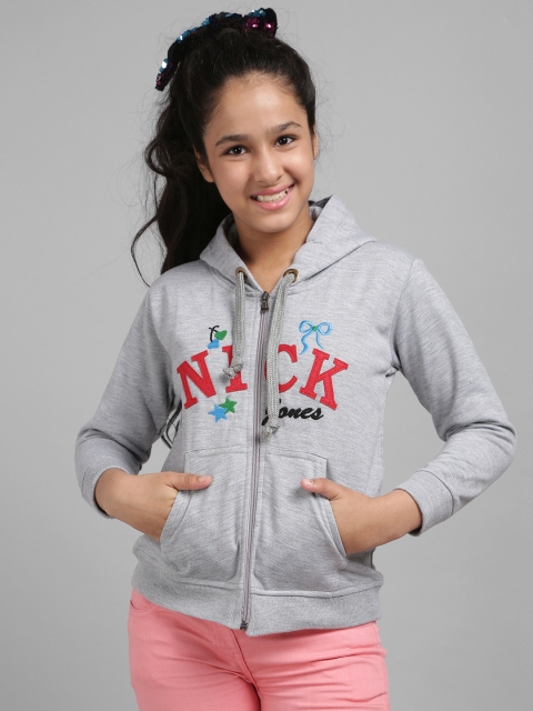 

Nick and Jones Girls Grey Melange & Red Brand Logo Embroidered Hooded Sweatshirt