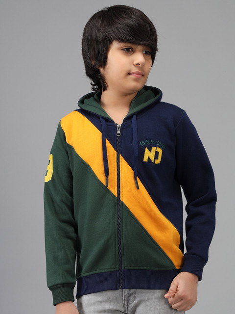 

Nick and Jones Boys Navy Blue & Olive Green Colourblocked Hooded Sweatshirt