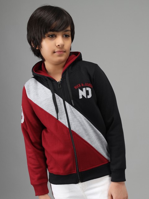 

Nick and Jones Boys Maroon & Black Colourblocked Hooded Sweatshirt