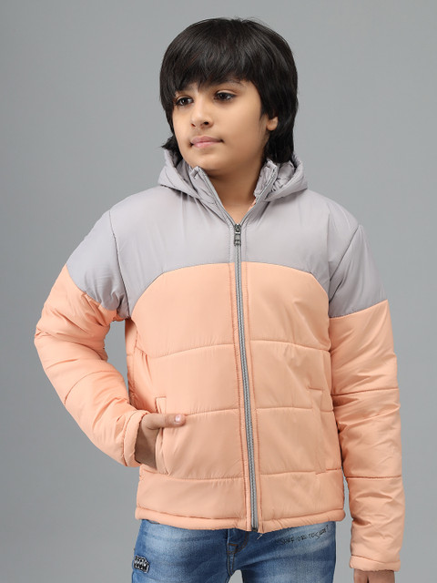 

Nick and Jones Boys Peach-Coloured Grey Colourblocked Hooded Padded Jacket
