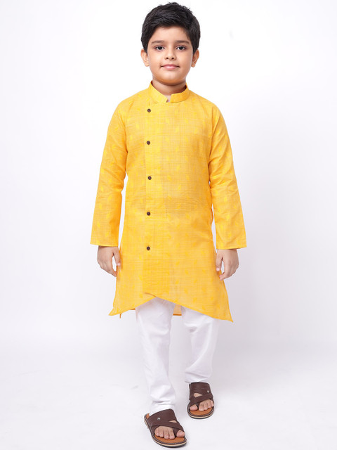 

NAMASKAR Boys Yellow & White Angrakha Pure Cotton Kurta with Pyjamas
