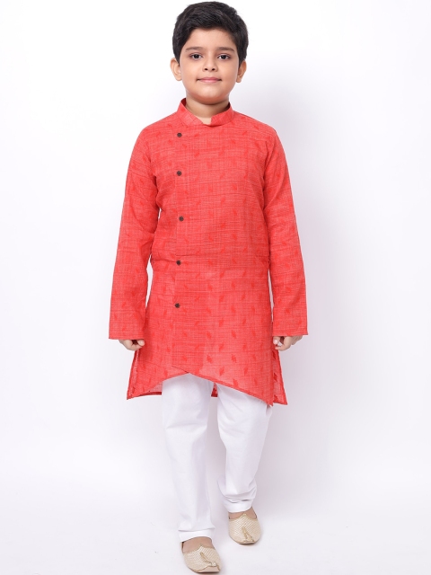 

NAMASKAR Boys Red & White Angrakha Pure Cotton Kurta with Pyjamas