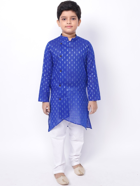 

NAMASKAR Boys Blue Ethnic Motifs Printed Angrakha Pure Cotton Kurta with Pyjamas