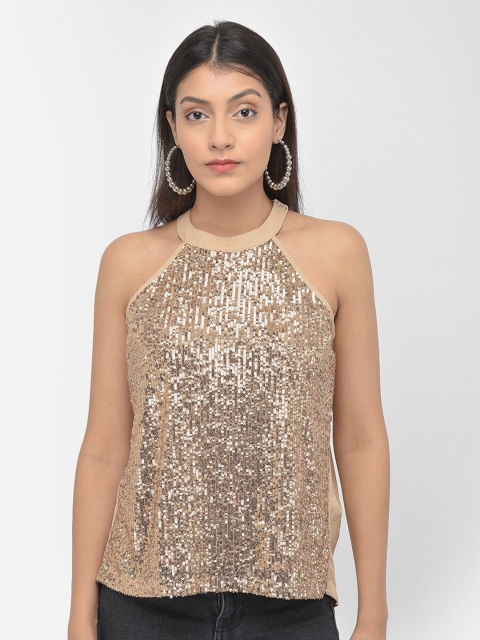

Latin Quarters Women Beige Embellished Halter Neck Top