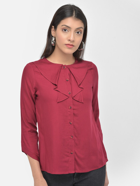 

Latin Quarters Maroon Tie-Up Neck Ruffles Regular Top